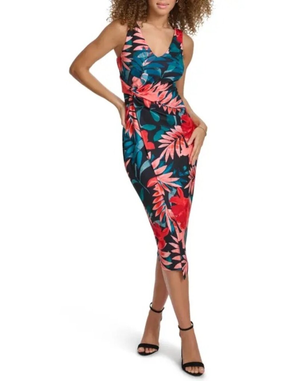 Tropical Floral Print Sleeveless Midi Dress By Siena V-Neck Ruched Waist Size M